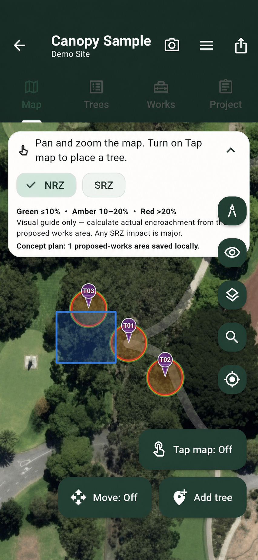 Canopy AIA map showing numbered trees, a proposed works envelope and traffic-light encroachment rings