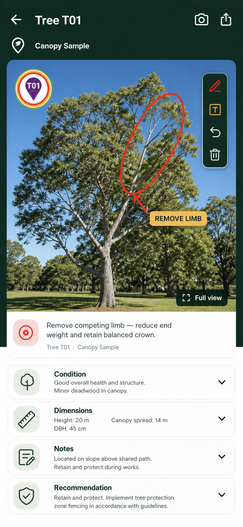 Anonymised Canopy pruning markup screen showing a circled limb, removal arrow and caption