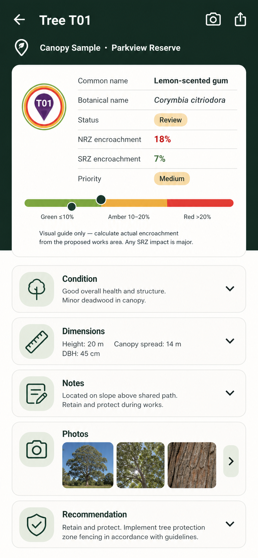 Anonymised Canopy tree detail screen showing T01 encroachment, priority and recommendation fields
