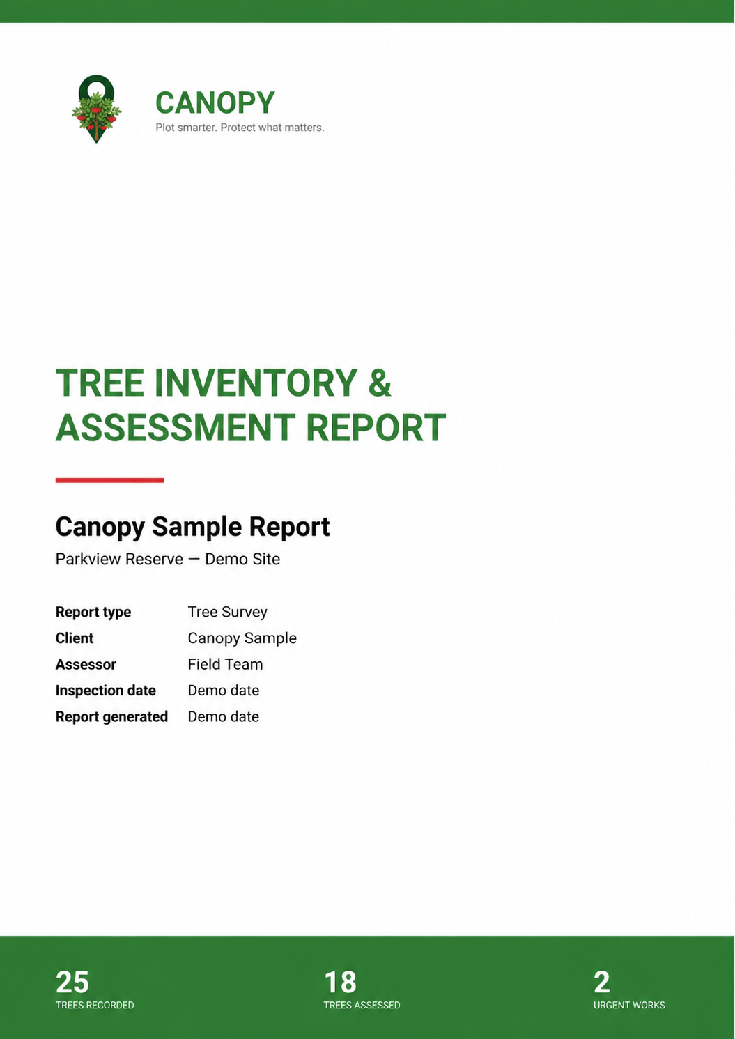 Anonymised Canopy exported PDF preview showing a tree inventory and assessment report